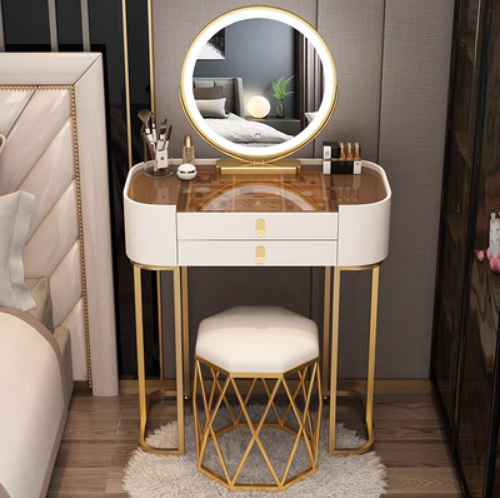 Hot slate high-end Internet celebrity ins small makeup table (white 60 glass table + smart mirror + bird's nest stool, tempered glass surface)