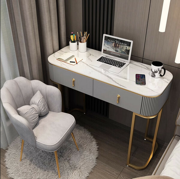 Hotly recommended light luxury slate desk bedroom computer desktop table (grey 70 desk + petal chair)