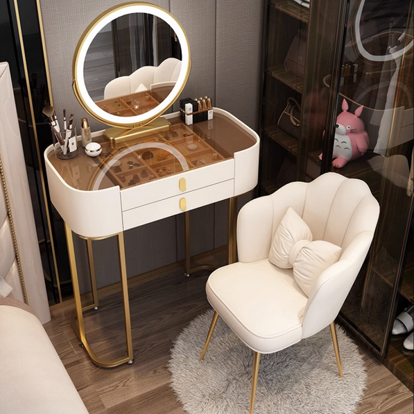 Hot recommended slate high-end Internet celebrity ins small dressing table (white 100 glass table + smart mirror + petal chair, tempered glass surface)