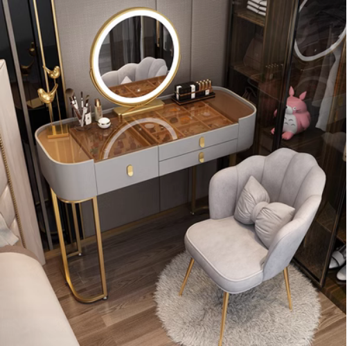 Hotly recommended new ins style internet celebrity light luxury minimalist high-end makeup table (gray 70CM glass table + smart mirror + petal chair)