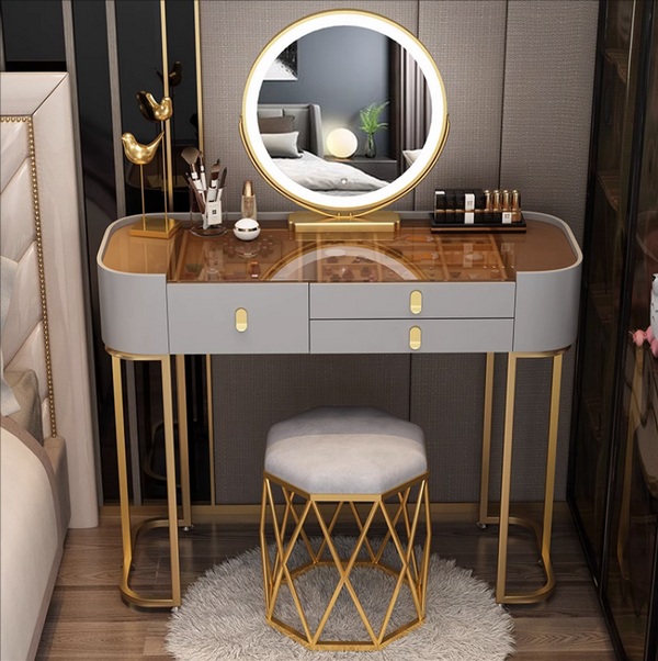 Hotly recommended new ins style internet celebrity light luxury minimalist high-end makeup table (grey 80CM glass surface + smart mirror + bird's nest stool)