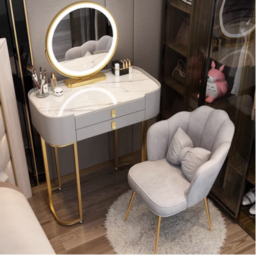 Hotly recommended new ins style Internet celebrity light luxury minimalist high-end makeup table (grey 70-length slate + smart mirror + petal chair)