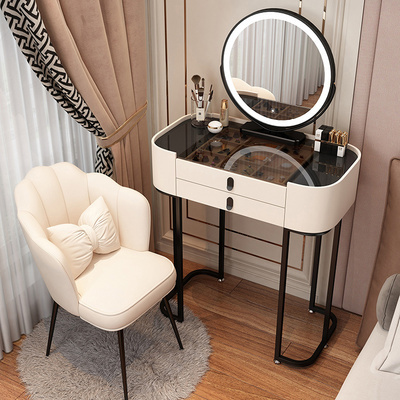 Hotly recommended new ins style internet celebrity light luxury minimalist high-end makeup table (black and white 70CM glass + smart mirror + petal chair)