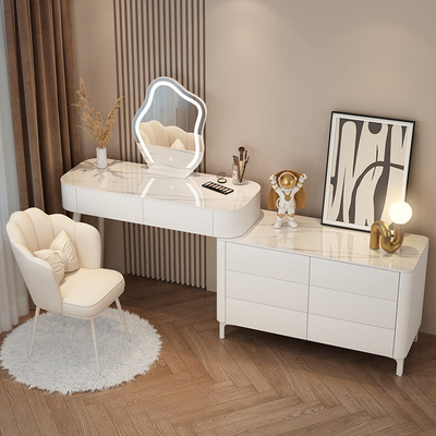 Hotly recommended solid wood slate cream style storage cabinet dressing table (100CM table + six drawer cabinet + cloud mirror + petal chair)