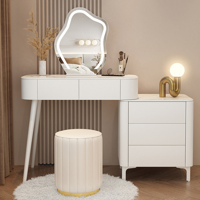 Hotly recommended solid wood slate cream style storage cabinet dressing table (80CM table + 3 drawer cabinets + cloud mirror + round stool)