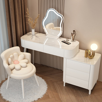 Hotly recommended solid wood slate cream style storage cabinet dressing table (100CM table + 3 drawer cabinets + cloud mirror + small flower chair)