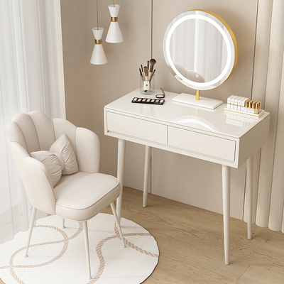 Hotly recommended French cream style solid wood dressing table, light luxury dressing table (all solid wood 80CM + round mirror + all white petal chair)