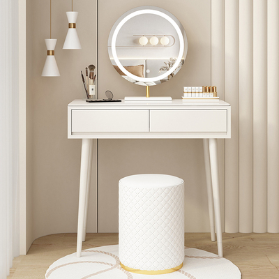 Hotly recommended French cream style solid wood dressing table, light luxury dressing table (all solid wood 80CM + round mirror + round stool)