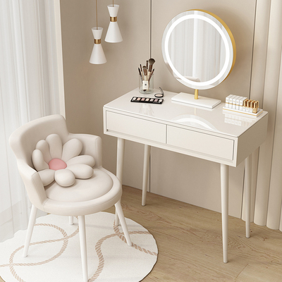Hotly recommended French cream style solid wood dressing table, light luxury dressing table (all solid wood 70CM + round mirror + round stool + small flower chair)