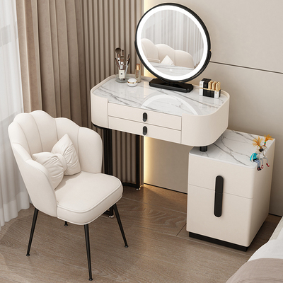 Hotly recommended light luxury dressing table for bedroom modern simple dressing table (black and white 70 slate + slate cabinet + smart mirror + petal chair)