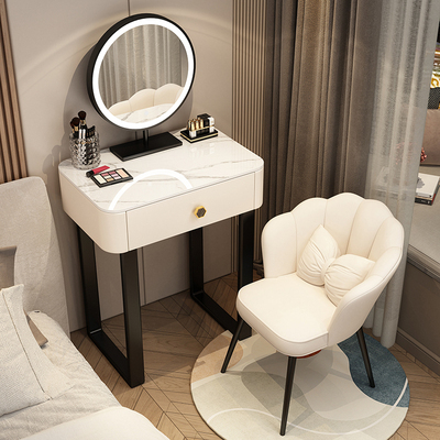 Hotly recommended solid wood high-smooth thickened slate vanity cabinet (light luxury black 60-length slate table + smart mirror + petal chair)