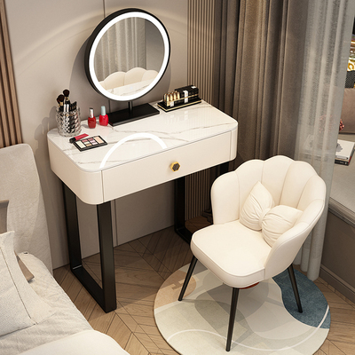 Hotly recommended solid wood high-smooth thickened slate vanity cabinet (light luxury black 80-length slate table + smart mirror + petal chair)