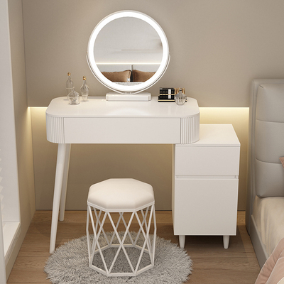 Hotly recommended cream style small apartment dressing table (Q style 80 table + cabinet + smart mirror + all white bird's nest stool)