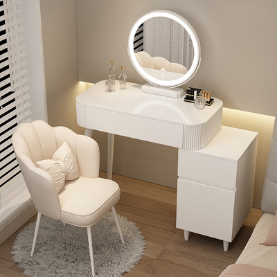 Hotly recommended cream style small apartment dressing table (Q style 80 table + cabinet + smart mirror + all white petal chair)