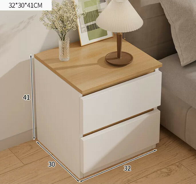 Popular small and simple bedside table (double-drawn beech + white)