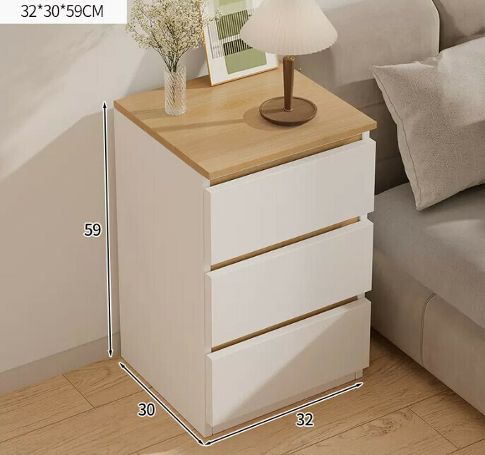 Popular small and simple bedside table (three-drawn beech wood + white)
