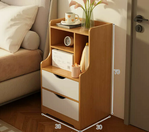 Popular bedside table, simple and modern (double-drawn wood color + white 38*30*70cm)