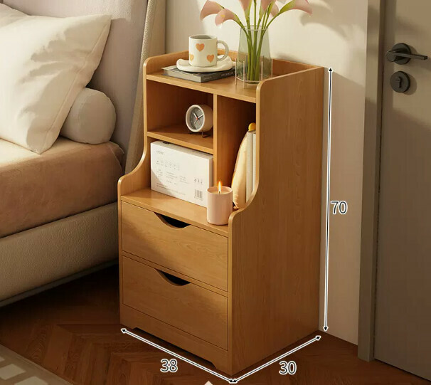 Popular bedside table, simple and modern (double-drawn wood color, 38*30*70cm)