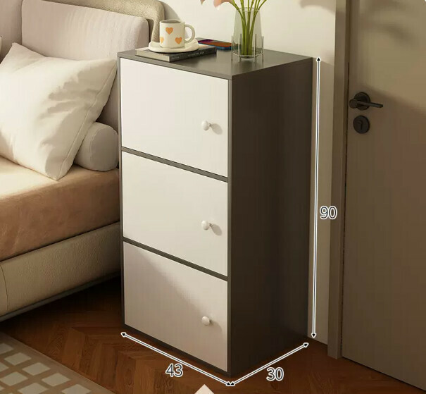 Popular bedside table, simple and modern (three-door Haoyue gray + white 43*30*90cm)