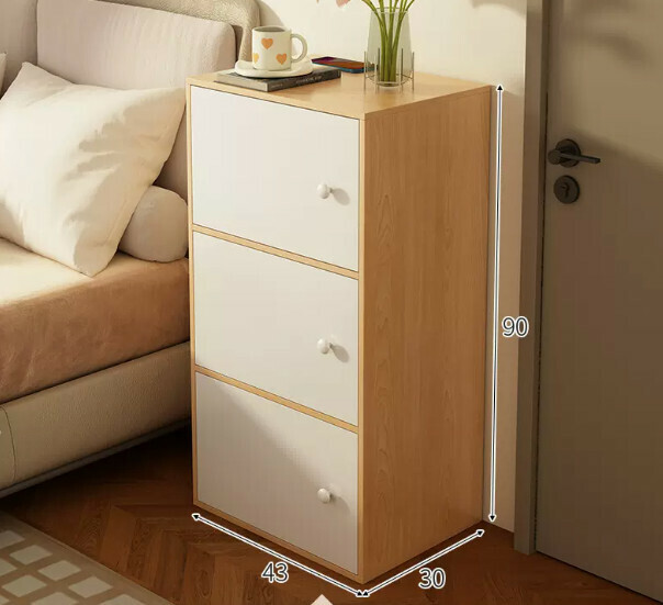 Popular bedside table, simple and modern (three-door wood color + white 43*30*90cm)