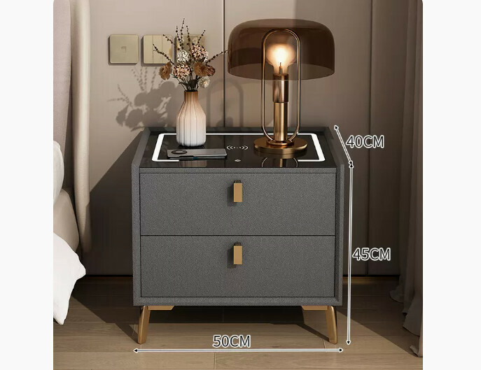 Popular smart bedside table with light luxury and high-end feel ([smart model] [solid wood drawer + three-color lamp + wireless charging + microfiber leather] dark gray 50*40*45cm)