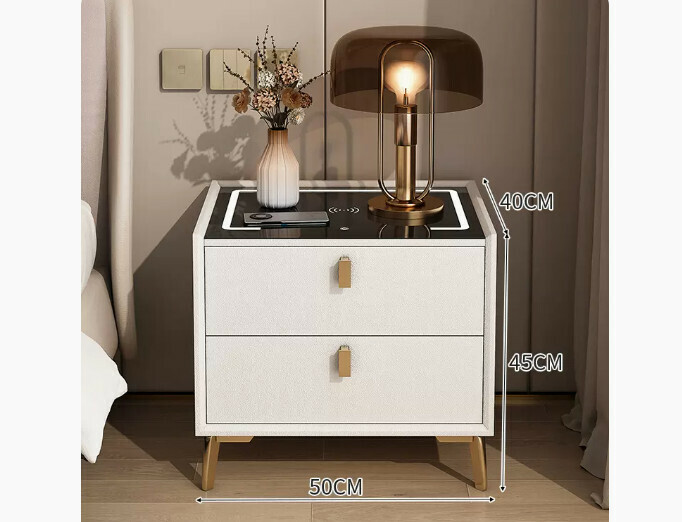 Popular smart bedside table with light luxury and high-end feel ([smart model] [solid wood drawer + three-color lamp + wireless charging + microfiber leather] warm white 50*40*45cm)