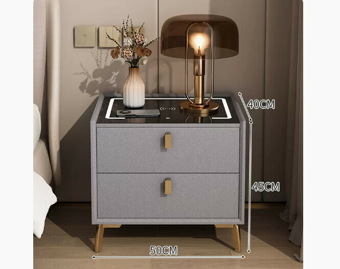 Popular smart bedside table with light luxury and high-end feel ([smart model] [solid wood drawer + three-color lamp + wireless charging + microfiber leather] light gray 50*40*45cm)