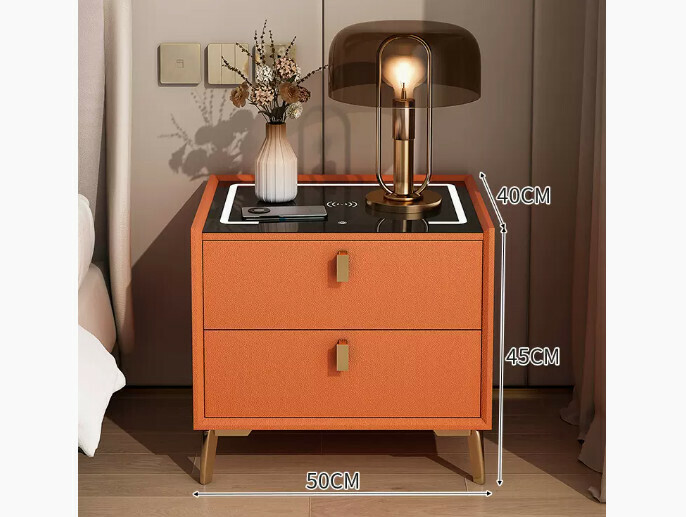 Popular smart bedside table with light luxury and high-end feel ([smart upgraded model] [solid wood drawer + three-color lamp + wireless charging + microfiber leather + Bluetooth speaker] orange 50*40*45cm)