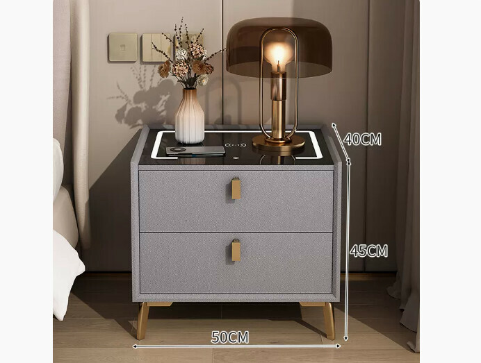 Hot-selling smart bedside table with light luxury and high-end feel ([intelligent solid wood model] [all solid wood cabinet + three-color lamp + wireless charging + microfiber leather] light gray 50*40*45cm)
