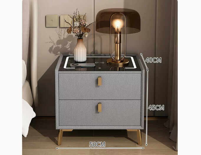 Popular smart bedside table with light luxury and high-end feel ([smart upgraded model] [solid wood drawer + three-color lamp + wireless charging + microfiber leather + Bluetooth speaker] light gray 50*40*45cm)