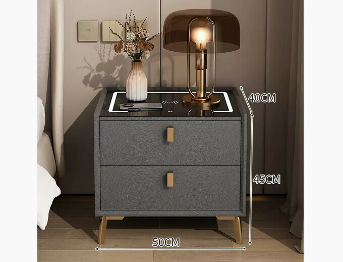 Hot-selling smart bedside table with light luxury and high-end feel ([Smart upgraded model] [Solid wood drawer + three-color lamp + wireless charging + microfiber leather + Bluetooth speaker] dark gray 50*40*45cm)