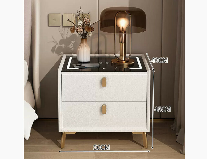Hot-selling smart bedside table with light luxury and high-end feel ([Smart upgraded model] [Solid wood drawer + three-color lamp + wireless charging + microfiber leather + Bluetooth speaker] warm white 50*40*45cm)