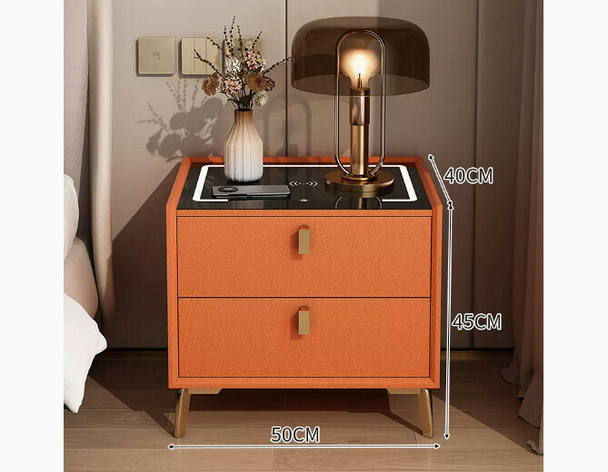 Hot-selling smart bedside table with light luxury and high-end feel ([intelligent solid wood model] [all solid wood cabinet + three-color lamp + wireless charging + microfiber leather] orange 50*40*45cm)