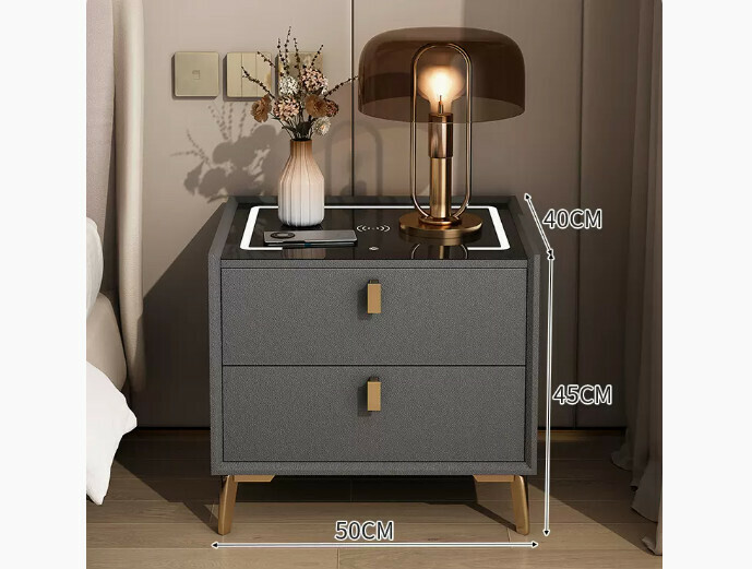 Hot-selling smart bedside table with light luxury and high-end feel ([intelligent solid wood model] [all solid wood cabinet + three-color lamp + wireless charging + microfiber leather] dark gray 50*40*45cm)
