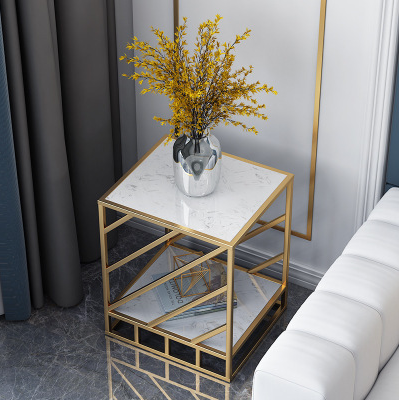 Popular bedroom bedside table sofa side table (gold diagonal stripe table + white marble, 45*45*55cm)