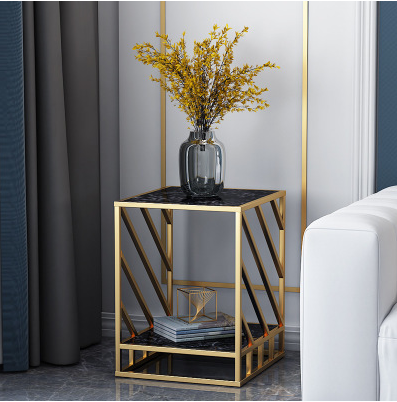 Popular bedroom bedside table sofa side table (gold diagonal stripe table + black marble, 45*45*55cm)