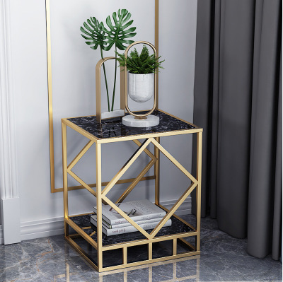 Popular bedroom bedside table sofa side table (gold diamond pattern table + black marble, 45*45*55cm)