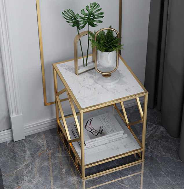Popular bedroom bedside table sofa side table (gold diamond pattern table + white marble, 45*45*55cm)
