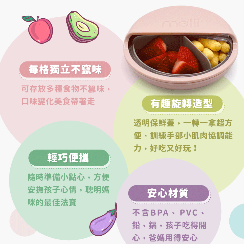 可存放多種食物不竄味，口味變化美味食物帶著走；透明保鮮蓋，一轉一拿超方便，訓練手部小肌肉協調能力，好吃又好玩！隨時準備小點心，方便安撫孩子心情，聰明媽咪的最佳法寶；不含BPA、PVC、鉛、鎘，孩子得的開心、爸媽用得安心。