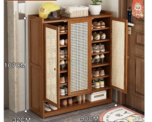 Hotly recommended multifunctional shoe storage cabinet (three-door rattan 8-layer-107*32*90CM)