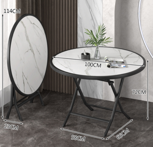 Hot recommendation for small household round folding dining table (white marble pattern) (size: unfolded 100*72*58*66CM, folded 114*23CM)
