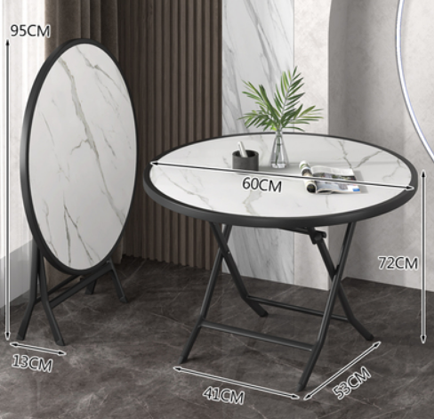 Hot recommendation for small household round folding dining table (white marble pattern) (size: unfolded 60*72*41*53CM, folded 95*13CM)