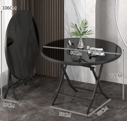Hot recommendation for small household round folding dining table (tempered glass surface) (size: unfolded 80*72*58*66CM, folded 106*18CM)