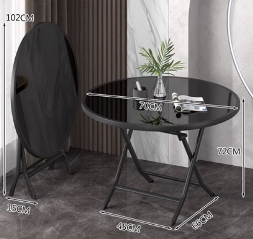 Hot recommendation for small household round folding dining table (tempered glass surface) (size: unfolded 70*72*45*66CM, folded 102*15CM)