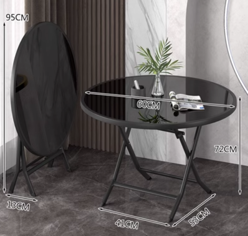 Hot recommendation for small household round folding dining table (tempered glass surface) (size: unfolded 60*72*41*53CM, folded 95*13CM)