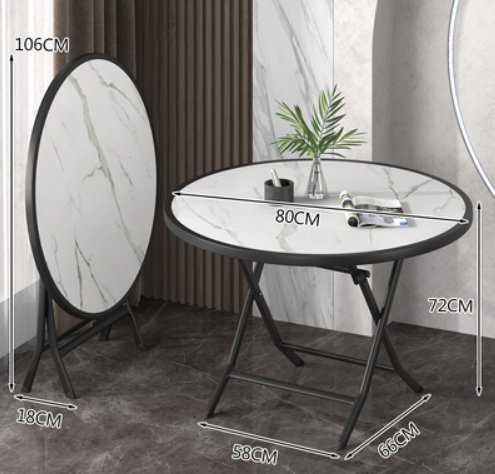 Hot recommendation for small household round folding dining table (white marble pattern) (size: unfolded 80*72*58*66CM, folded 106*18CM)