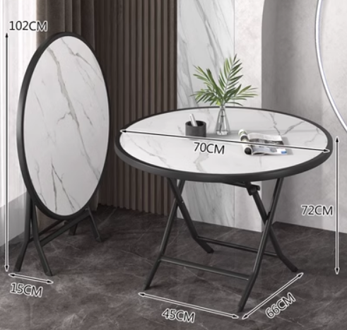 Hot recommendation for small household round folding dining table (white marble pattern) (size: unfolded 70*72*45*66CM, folded 102*15CM)