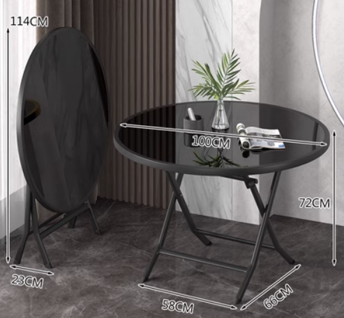 Hot recommendation for small household round folding dining table (tempered glass surface) (size: unfolded 100*72*58*66CM, folded 114*23CM)