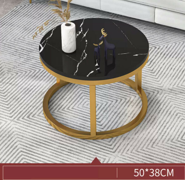 熱推簡約圓桌茶幾（黑色大理石紋+金色架）【尺寸：長50cm*寬50cm*高38cm】