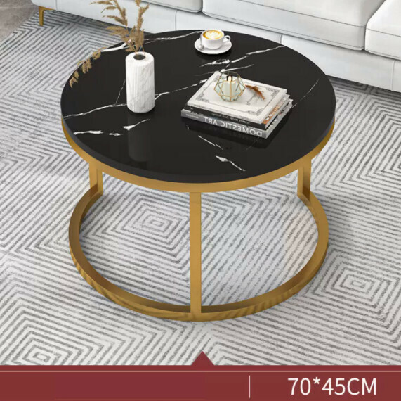熱推簡約圓桌茶幾（黑色大理石紋+金色架）【尺寸：長70cm*寬70cm*高45cm】